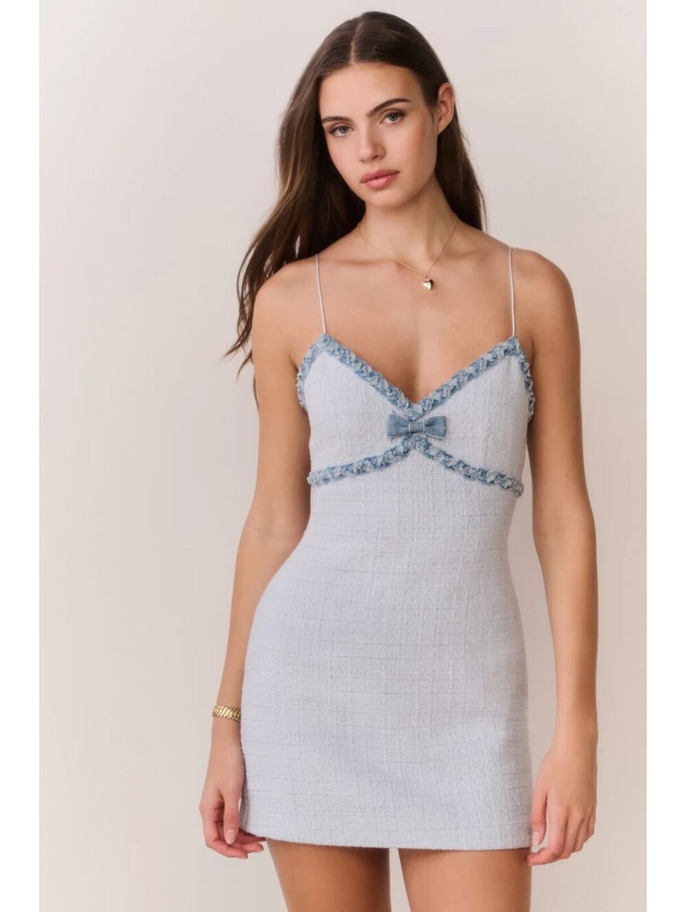 LOVESHACKFANCY Novara Denim Trimmed Tweed Mini Dress